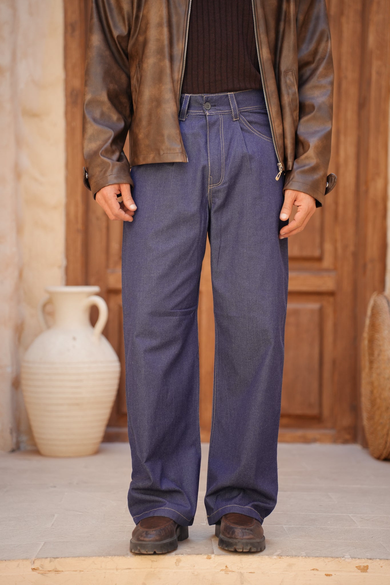 Pleated Wide-Leg Denim Pants- Navy