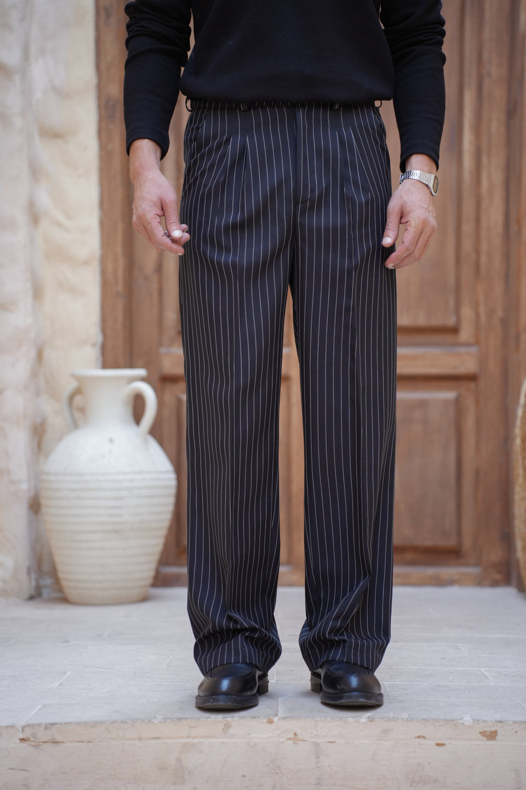 Pinstriped Wide-leg Pants-Black