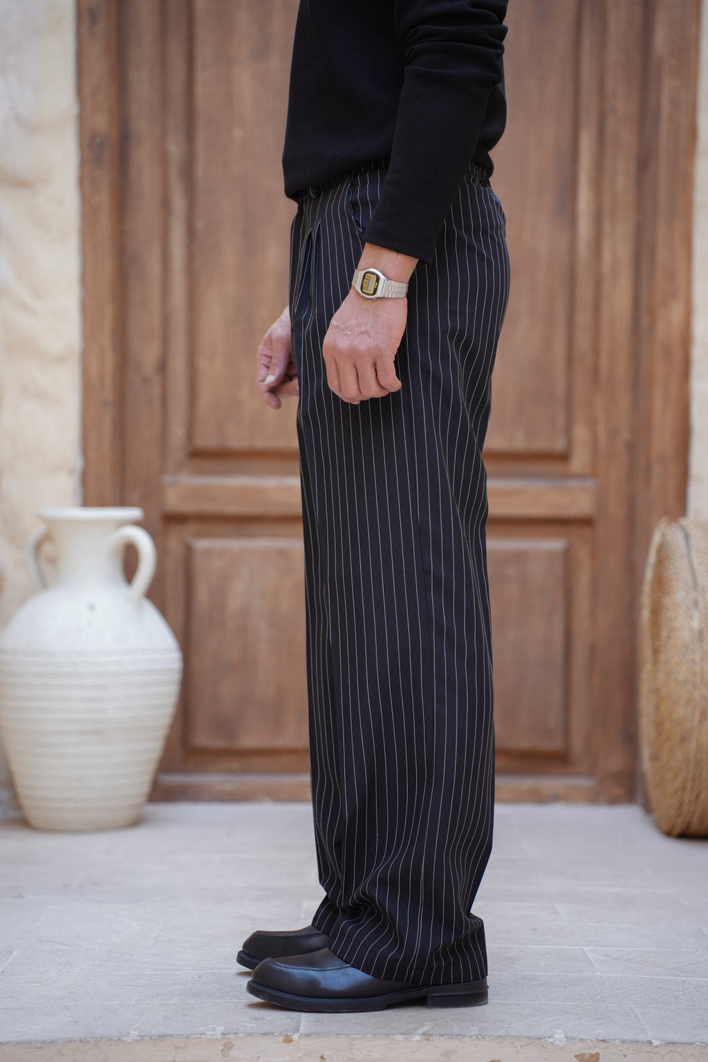 Pinstriped Wide-leg Pants-Black