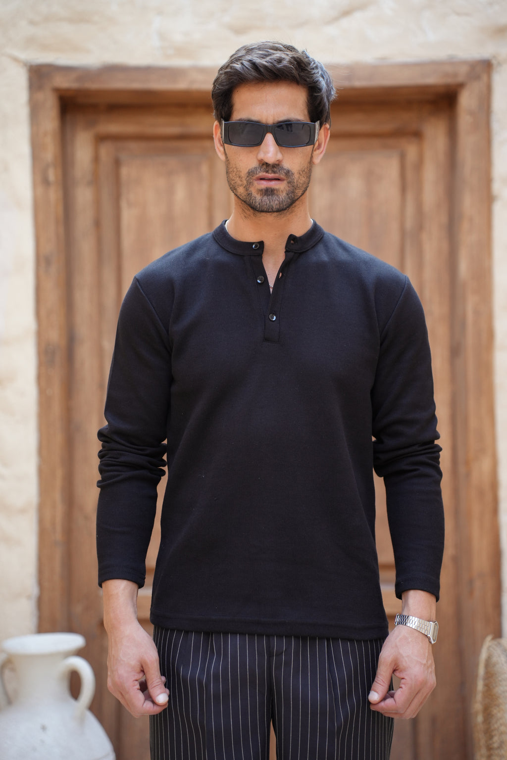 Classic Knit Henley- Black