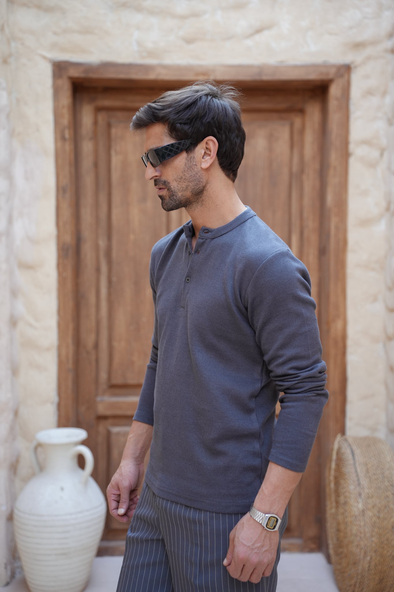 Classic Knit Henley- Gray