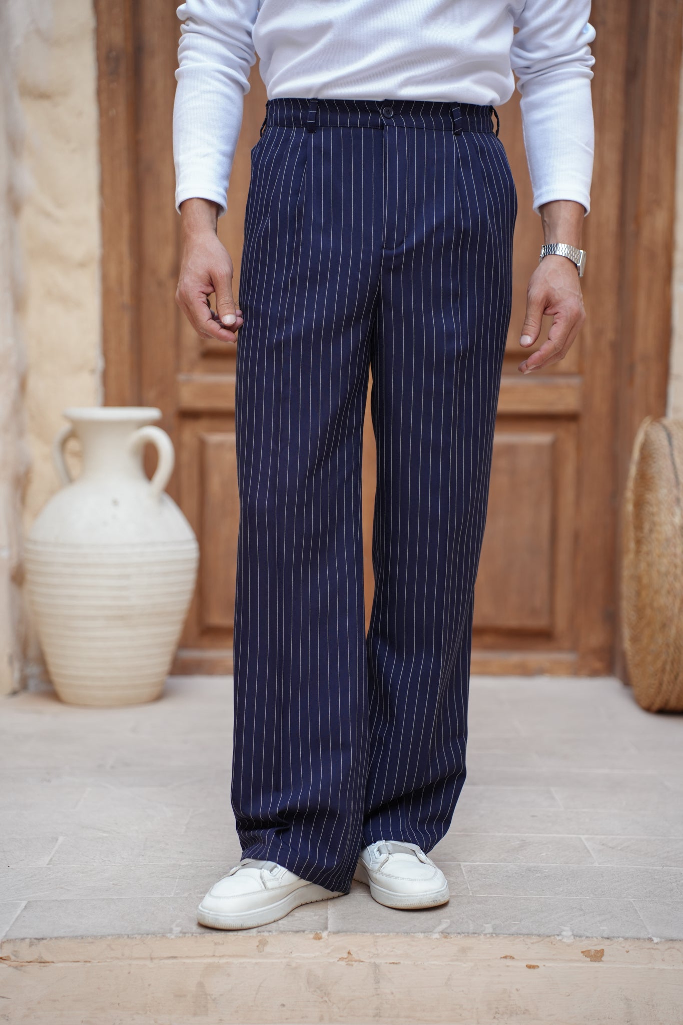 Pinstriped Wide-leg Pants-Navy