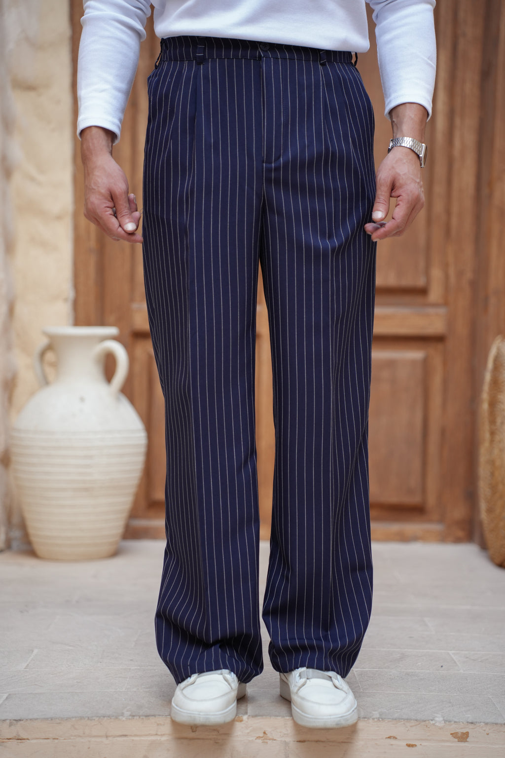 Pinstriped Wide-leg Pants-Navy