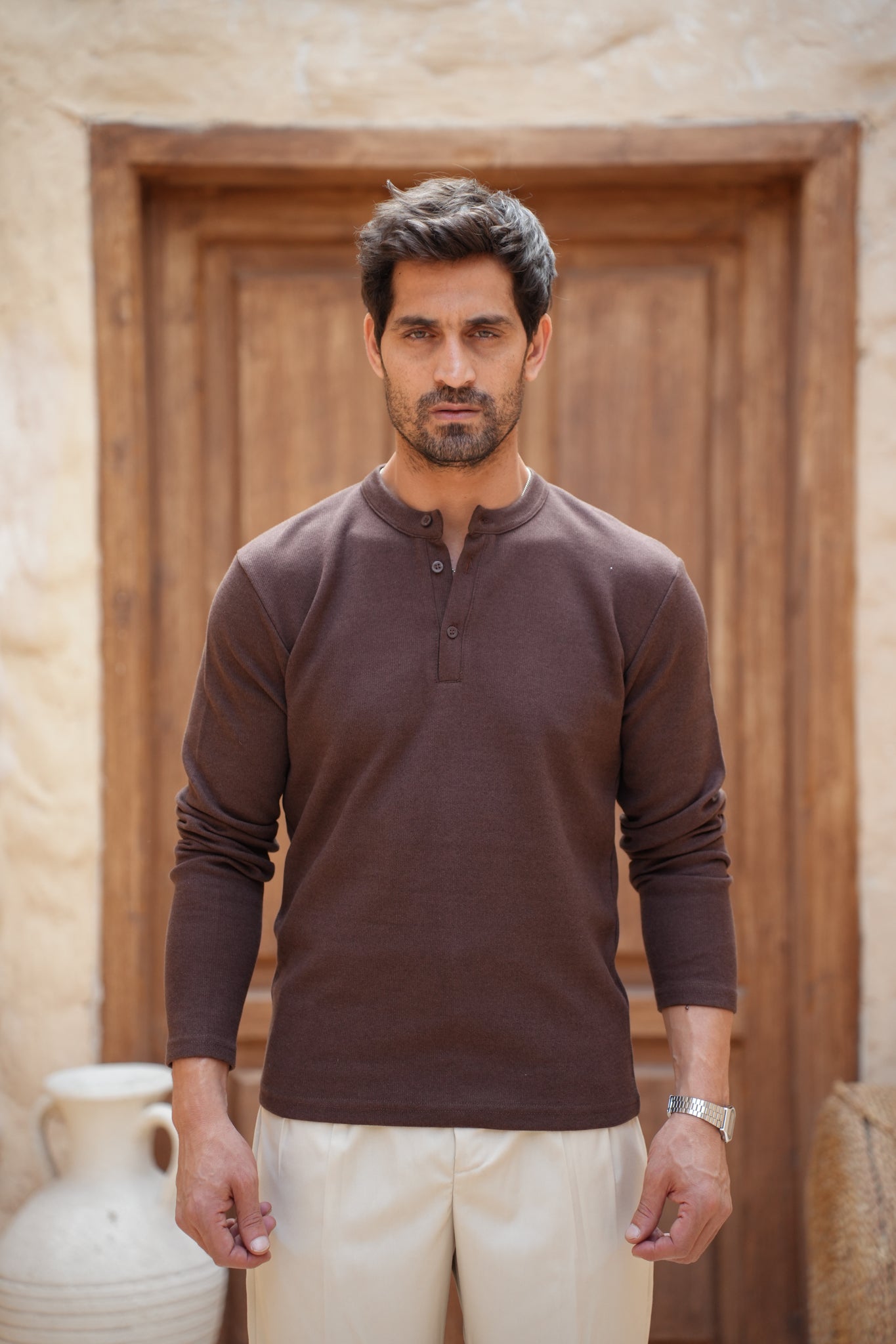 Classic Knit Henley- Brown