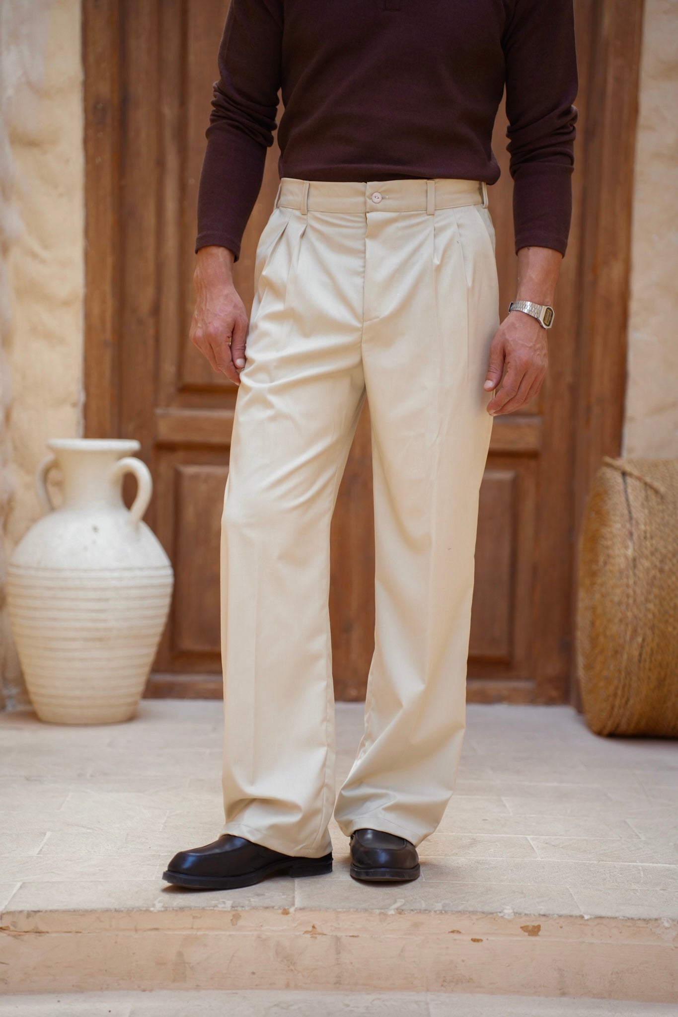 Tailored Wide-leg Pants-Light Beige