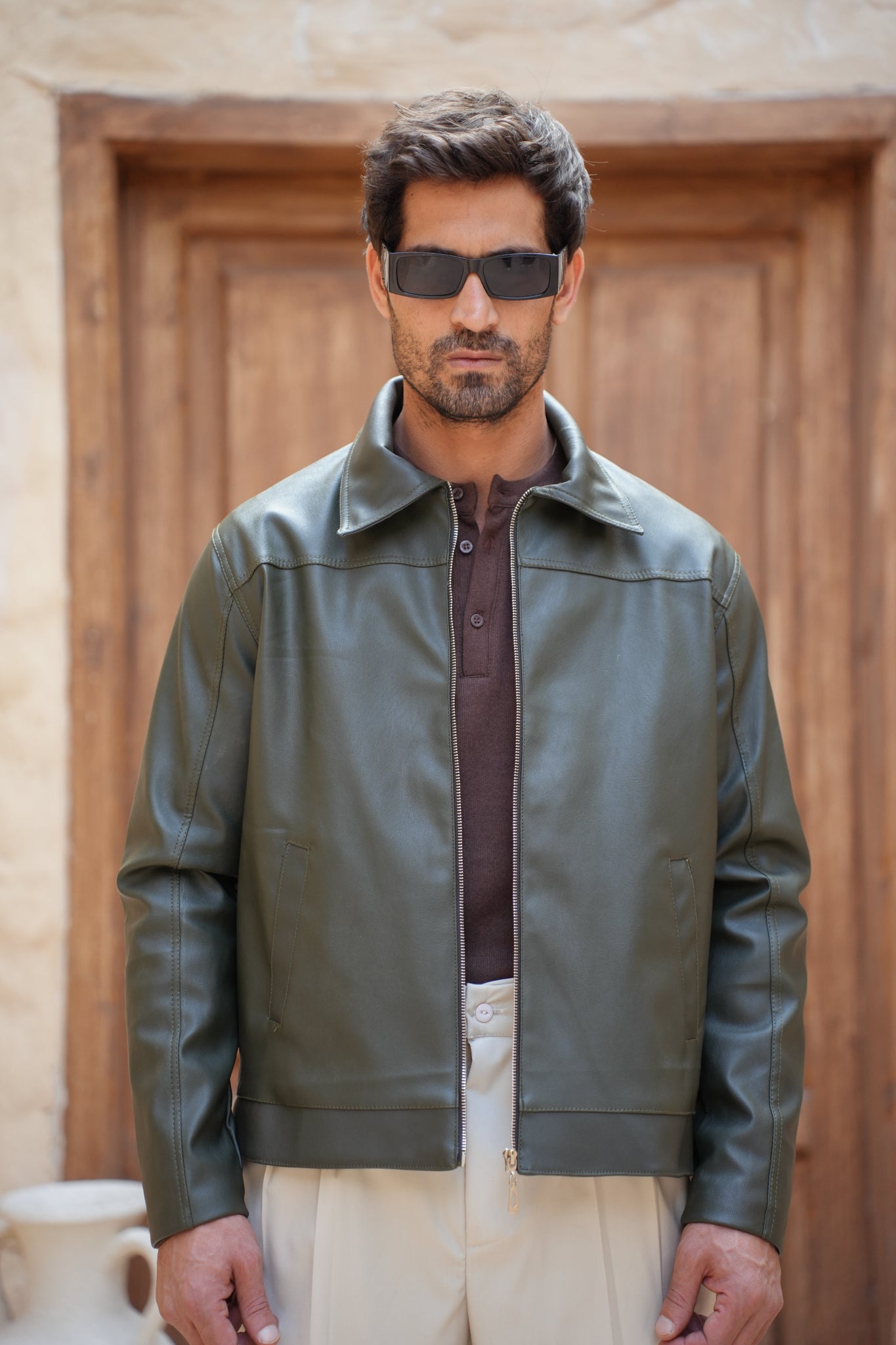 Classic Cropped Leather Jacket - Olive