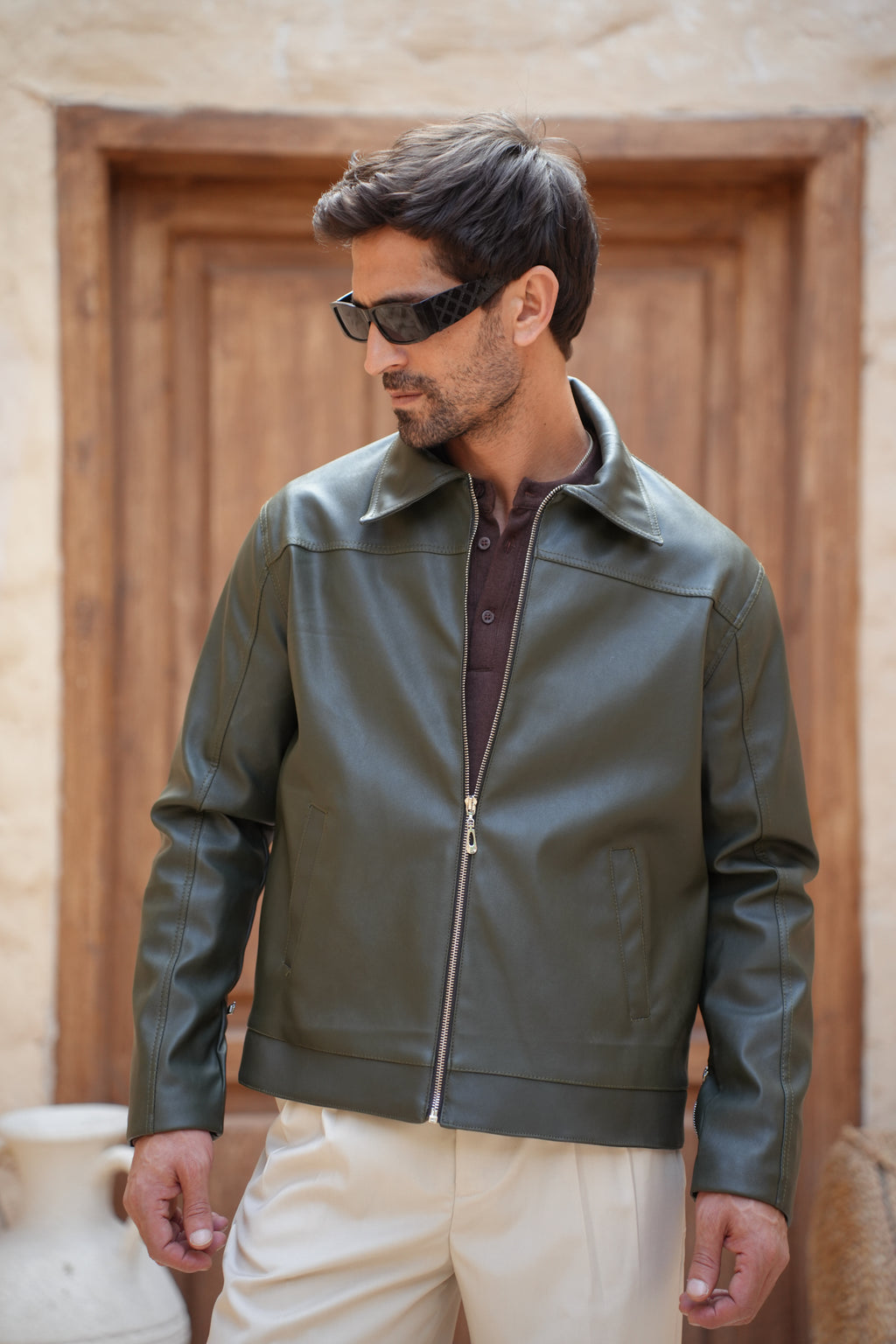 Classic Cropped Leather Jacket - Olive