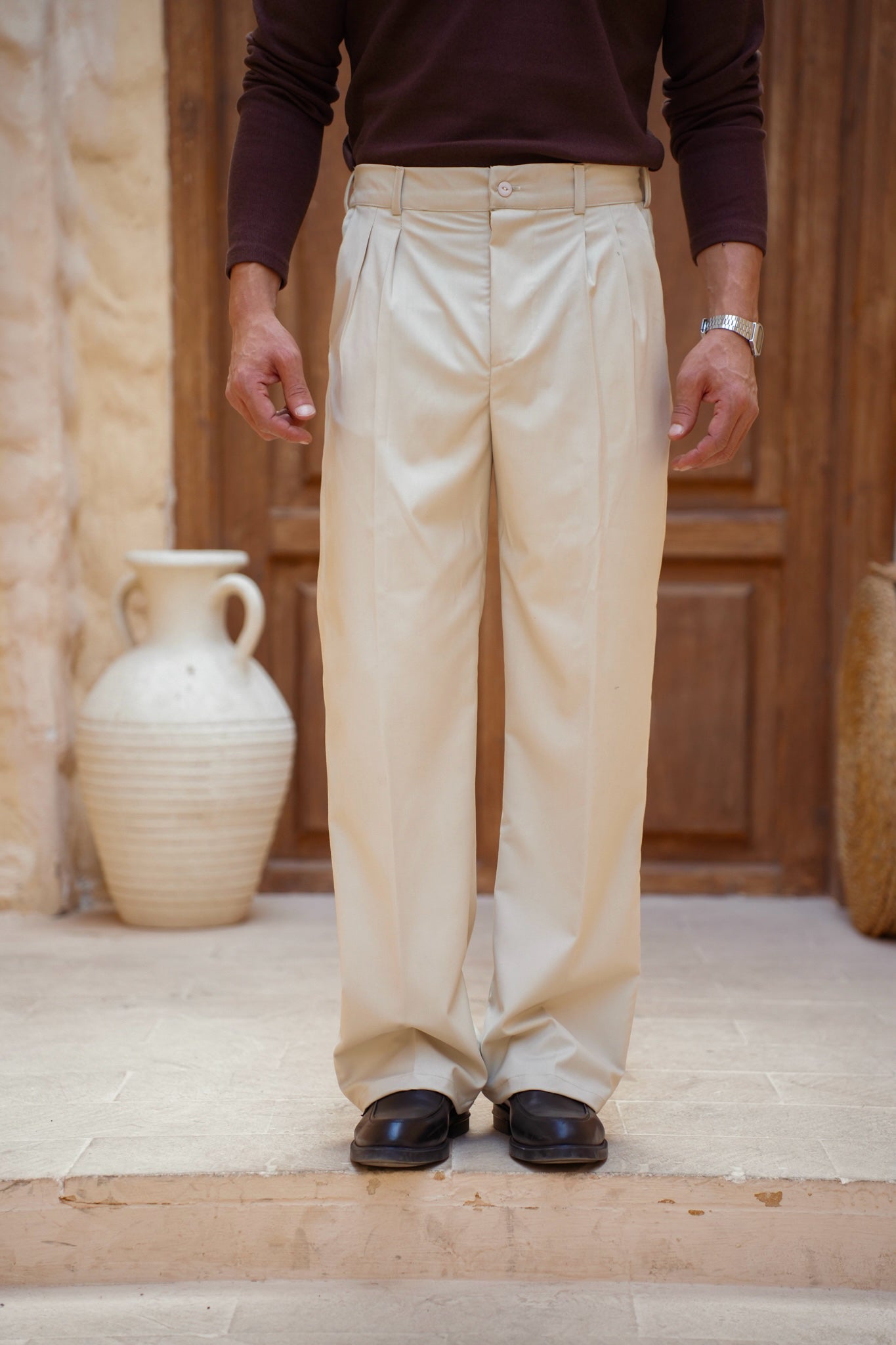 Tailored Wide-leg Pants-Light Beige